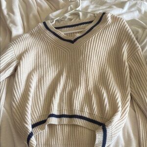 Cream V-Neck Sweater with Navy Trim